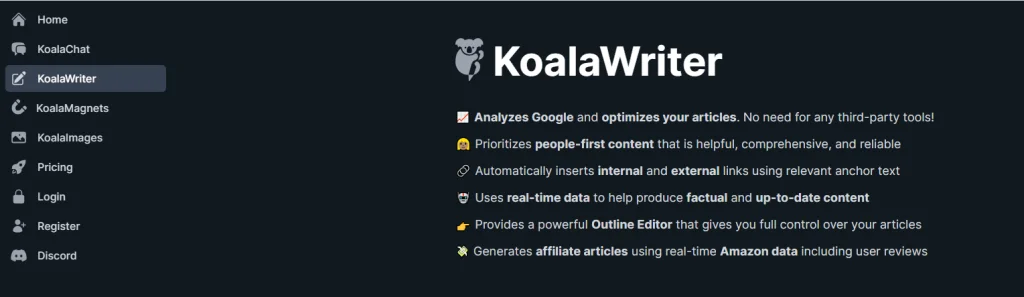 Koalawriter tableau de bord