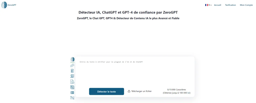 ZeroGPT tableau de bord